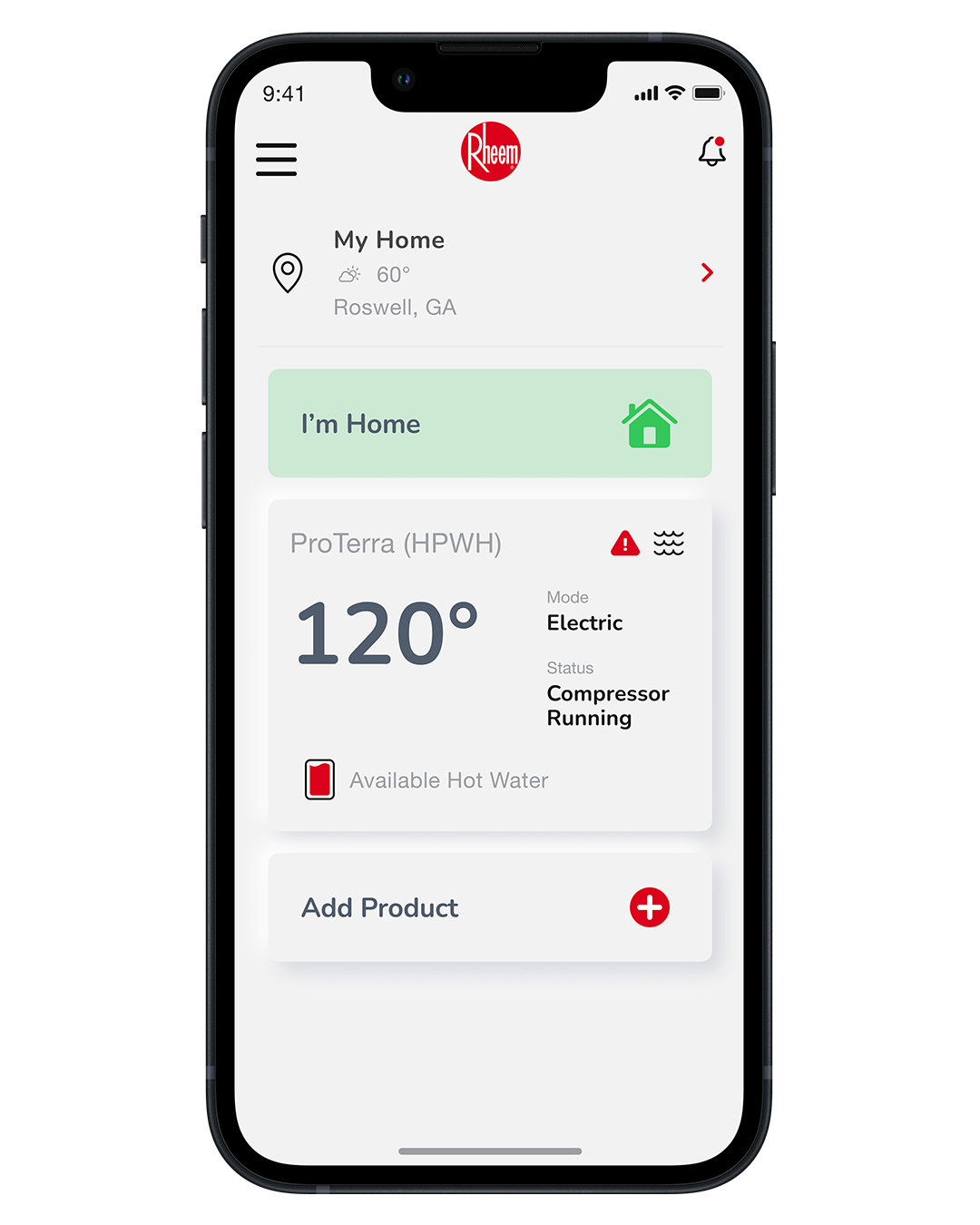 Rheem EcoNet app home screen