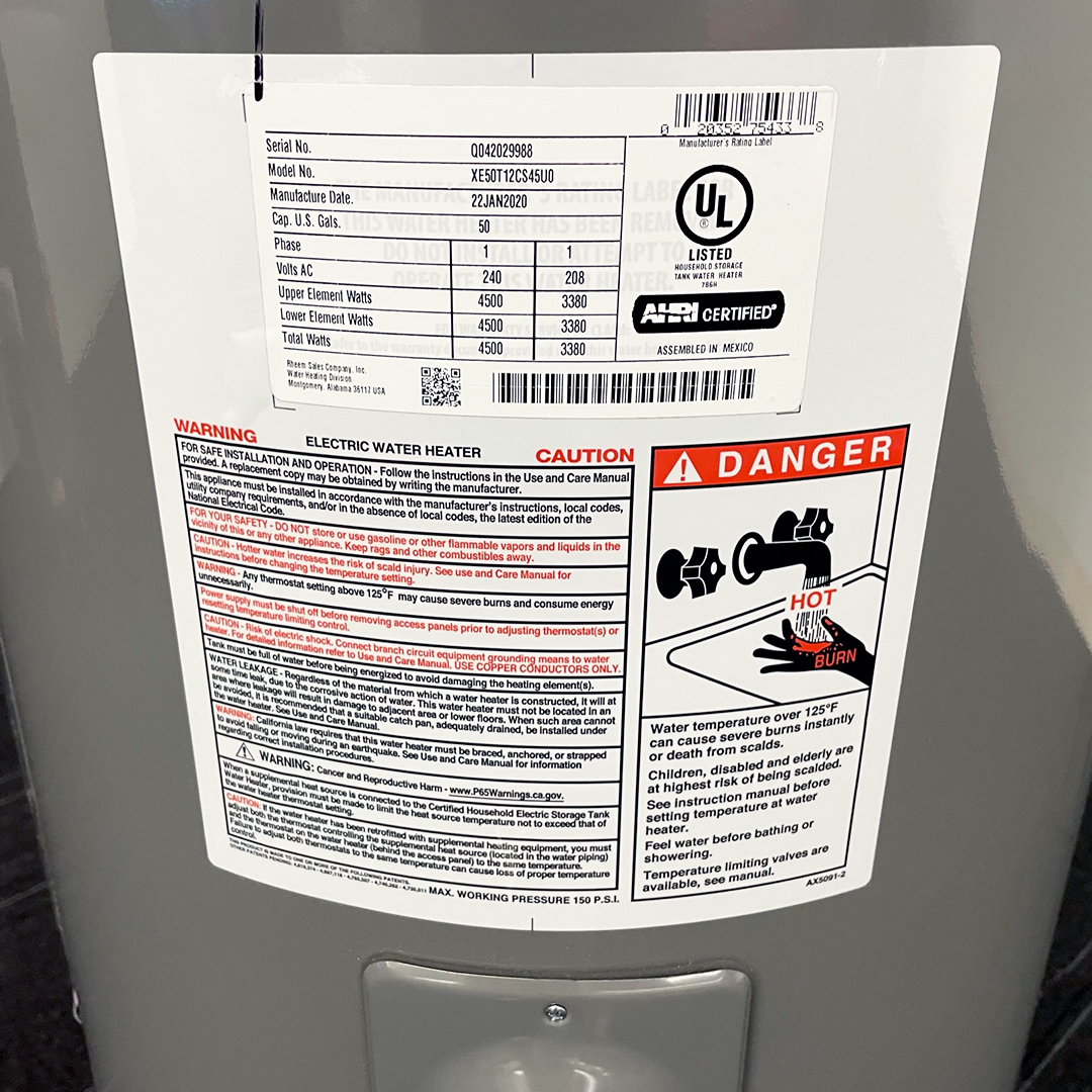 Water heater rating plate